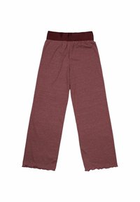 Mörkröda vida byxor i ett texturerat tyg. Har resår i midjan och scallopdetaljer i fållen. Lätta och med en avslappnad passform.