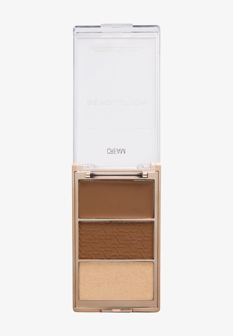 Kompakt makeup-palette med tre nuancer: mørkebrun creme, mellembrun pudder med præget tekst og lys beige pudder.
