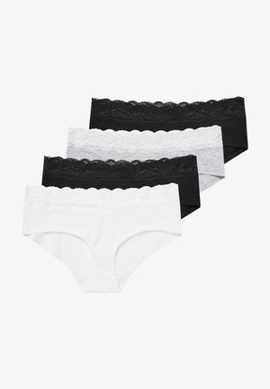 Négy pár női alsónemű: egy fehér, egy világosszürke és két fekete. Mindegyik csipkebordűrrel rendelkezik a derékrésznél. Pamut anyagból készült.