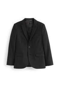 Blazer nero con reverse, chiusura a un bottone, due tasche frontali e una texture liscia. Interno foderato senza motivi visibili.