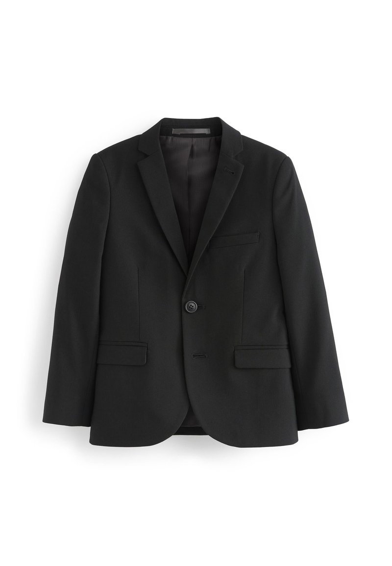 Blazer nero con reverse, chiusura a un bottone, due tasche frontali e una texture liscia. Interno foderato senza motivi visibili.