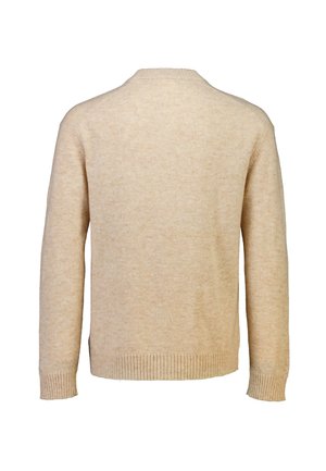 Beżowy sweter z dzianiny z okrągłym dekoltem, długimi rękawami i prążkowanym wykończeniem na dole. Miękka faktura z delikatnym, subtelnym wzorem na całej tkaninie.