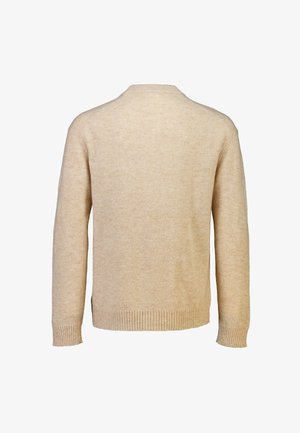 Beżowy sweter z dzianiny z okrągłym dekoltem, długimi rękawami i prążkowanym wykończeniem na dole. Miękka faktura z delikatnym, subtelnym wzorem na całej tkaninie.