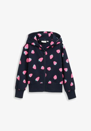 Sweat à capuche zippé pour enfants bleu marine avec motifs de fraises roses et fermeture éclair à l'avant, avec capuche et poignets et ourlet côtelés.