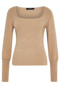 Beige Ripp langärmliges Oberteil mit quadratischem Ausschnitt, taillierter Form und strukturiertem Stoff. Verfügt über enge Ärmelbündchen und eine glatte Oberfläche.