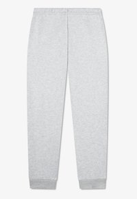 Grå joggebukser laget av mykt bomullsblandingstoff. Elastisk midjebånd og ribbestrikkede mansjetter ved anklene. Jevn tekstur uten mønster.