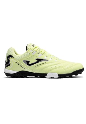Scarpa da corsa verde chiaro con suola nera, logo nero, lacci e pannelli di ventilazione in rete, vista dal lato interno.