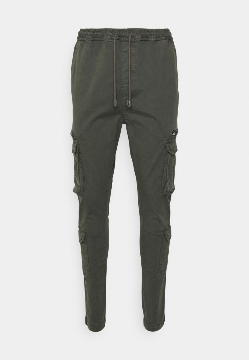 Olivgröna cargobyxor i bomullsblandning, med elastiskt midjeband, snörning och flera sidofickor.