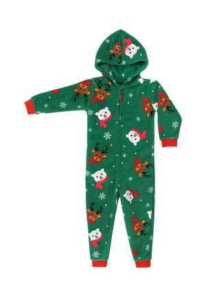 Children’s green fleece onesie with hood, red cuffs, and reindeer, polar bear, and snowflake patterns, front zipper closure.