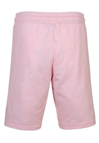 Rosa Baumwollshorts mit einem Allover-Muster von weißen Eis am Stiel Designs, elastischem Bund und glattem Material.