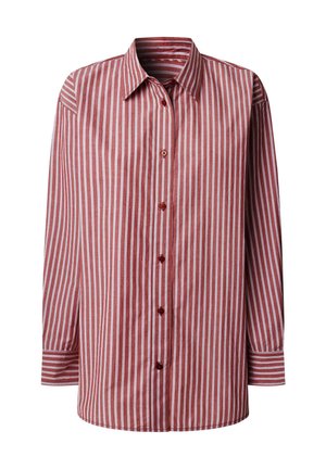 Long-sleeve button-up shirt with red and white vertical stripes, pointed collar, and five front buttons.