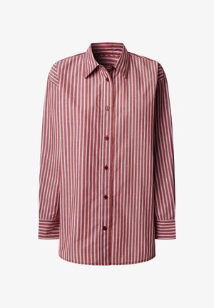 Overhemd met lange mouwen, rood-witte verticale strepen, spitse kraag en vijf knopen aan de voorkant.