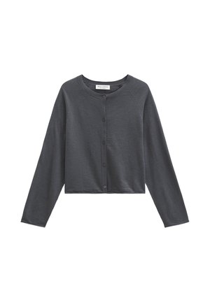Dark gray cropped cardigan with long sleeves and front buttons, round neckline, made of soft knit fabric.