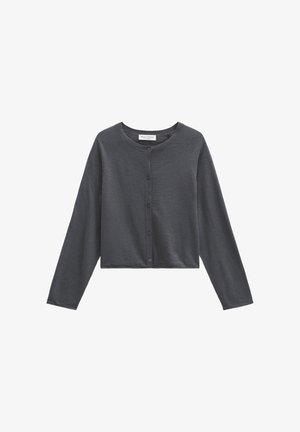 Dark gray cropped cardigan with long sleeves and front buttons, round neckline, made of soft knit fabric.