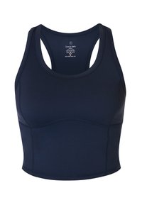 Marineblauw, mouwloos sportcrop top met racerback ontwerp en zichtbare naden, gemaakt van gladde, rekbare stof.
