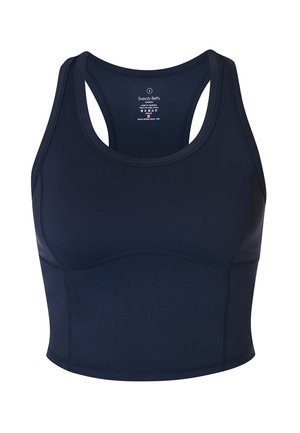 Navy blue, sleeveless sports crop top with racerback design and visible seams, made from smooth, stretchy fabric.