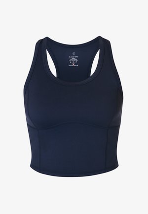 Marineblauw, mouwloos sportcrop top met racerback ontwerp en zichtbare naden, gemaakt van gladde, rekbare stof.