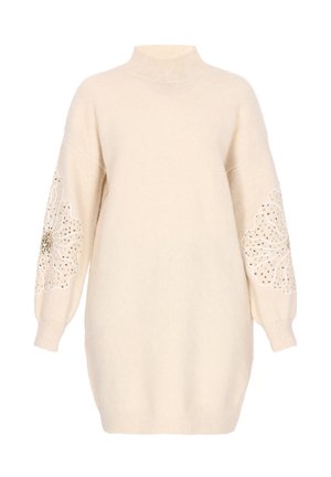 Strickpullover in Creme mit hohem Kragen und Ballonärmeln. Verfügt über florale Stickerei mit Strass auf den Ärmeln. Weicher Stoff.