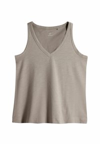 Halli, ilma varrukat V-kaelusega tank top, mis on valmistatud pehmest kangast. Omab sirget äärist ja minimaalset õmbluse detaili, sile tekstuur.