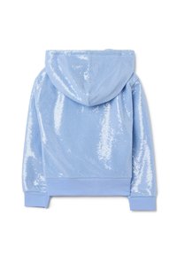 Helleblaues Kapuzensweatshirt mit einer funkelnden Textur, ausgestattet mit gerippten Bündchen und Saum. Der Stoff hat eine weiche Oberfläche, die durch den Glanz der Pailletten hervorgehoben wird.