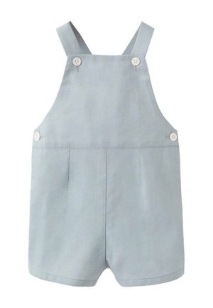 Salopette en lin bleu clair à coupe ample, bretelles ajustables et deux boutons blancs à l'avant. Dotée de plis à l'avant et d'un design court.