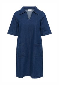 Denim dress in dark blue with short sleeves, a collar, and a v-neck. Features two front pockets and a relaxed fit. No visible patterns.