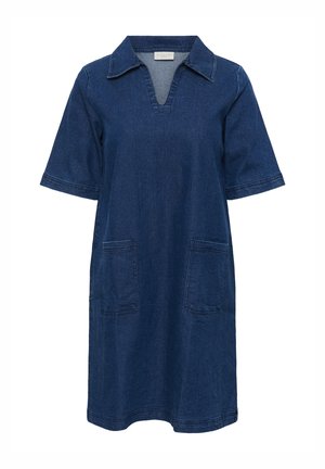 Tumši zila džinsu kleita ar īsām piedurknēm, apkakli un V-veida kakla izgriezumu. Ar divām priekšējām kabatām un brīvu piegriezumu. Nav redzamu rakstu.