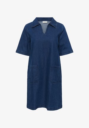 Denim dress in dark blue with short sleeves, a collar, and a v-neck. Features two front pockets and a relaxed fit. No visible patterns.
