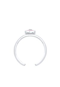 Justerbar silvering med en slät, polerad ring, en cirkulär topp med en liten ädelsten och en subtil blomsteraccent på inställningen.