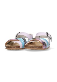 Paars en blauwe sandalen met meerdere banden, versierd met glitters en een gesp. Kurken voetbed met een gestructureerde buitenzool voor grip.