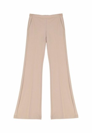 Pantaloni beige a vita alta con gambe ampie, tasche frontali e una cintura liscia.