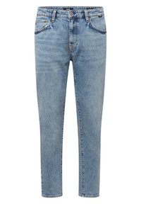 Jean en denim bleu clair à jambe droite avec cinq poches, fermeture par bouton et passants de ceinture, présenté sur fond blanc.