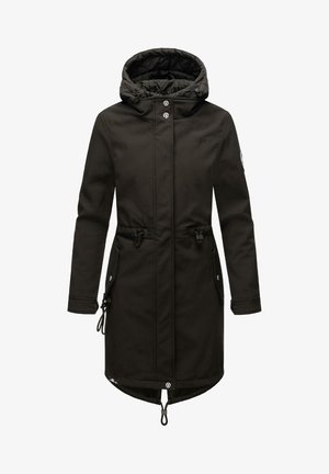 Parka nera isolata con cappuccio, stringhe in vita e all'orlo, bottoni a pressione e tasche laterali. Tessuto liscio e design pratico.