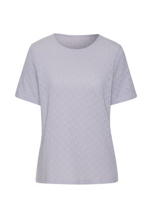 Helllila T-Shirt mit kurzen Ärmeln und geometrischem Muster, Rundhalsausschnitt und strukturierter Oberfläche. Normale Passform aus weichem, atmungsaktivem Material.