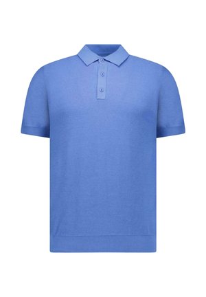 Lichtblauw poloshirt met korte mouwen, geribbelde kraag, drieknopenbies en geribbelde zoom, getoond op een witte achtergrond.