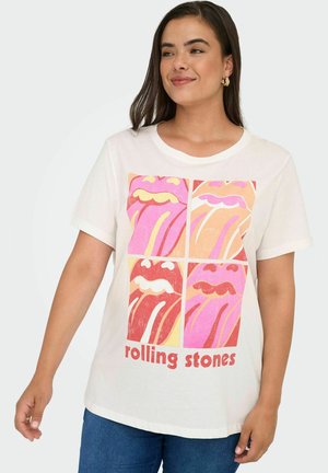 Camiseta de algodón blanca con un estampado gráfico multicolor de los Rolling Stones que presenta motivos de labios y lengua; manga corta, escote redondo.