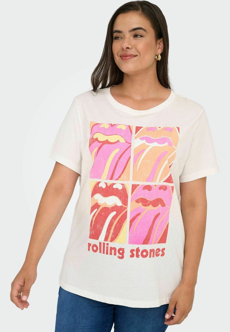Hvid bomulds T-shirt med en multifarvet Rolling Stones grafisk tryk med læber og tunge motiver; kortærmet, rund halsudskæring.