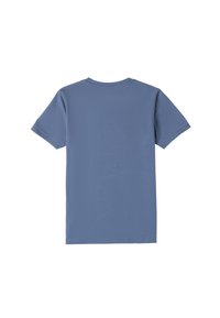Camiseta de algodón de manga corta y cuello redondo en azul claro, con una textura suave y un diseño simple, sin gráficos ni adornos.