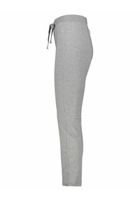 Grau Sweatpants mit einem Kordelzugbund, schmal zulaufenden Beinen und glatter Textur. Hergestellt aus weichem Material, ohne sichtbare Muster oder Akzente.