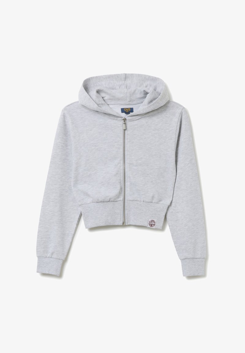 Grijze katoenen cropped hoodie met een rits aan de voorkant, lange mouwen, ribgebreide boorden en onderrand, en een klein logo op de linkerbenedenzijde.