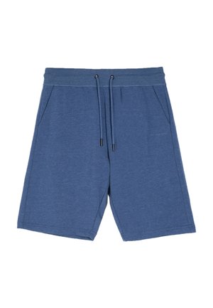 Niebieskie spodenki sportowe wykonane z miękkiego materiału, z elastycznym paskiem w talii i ściągaczem, dwiema bocznymi kieszeniami oraz luźnym krojem.