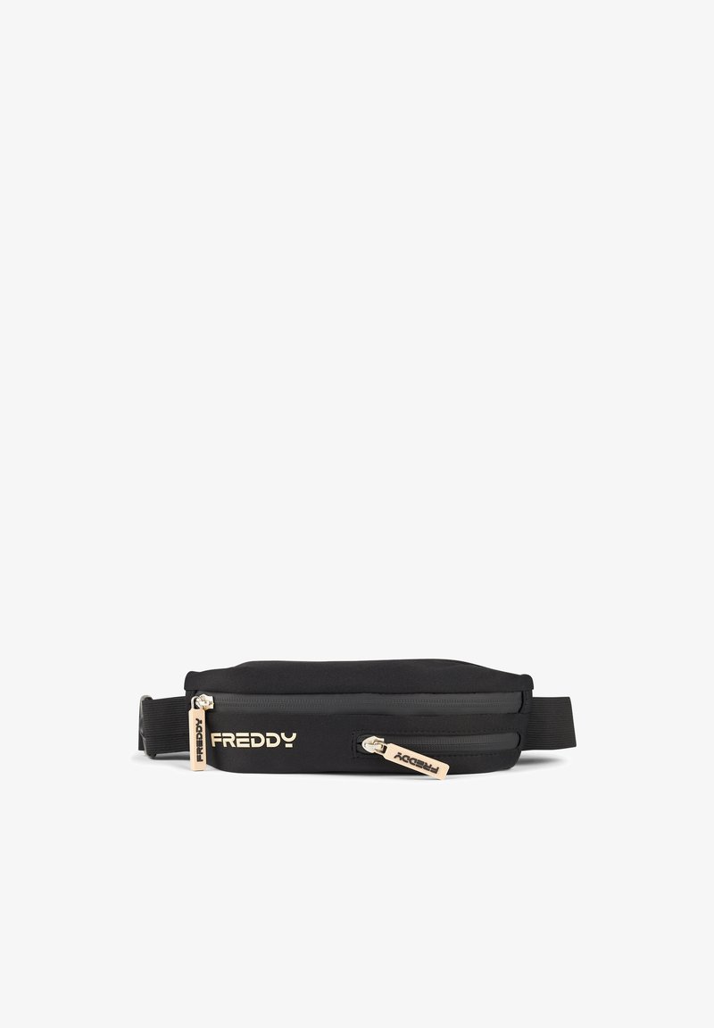 Borsa a vita nera con due scomparti con zip, tirazip beige con il marchio "FREDDY" e logo sul davanti, cintura regolabile visibile ai lati.