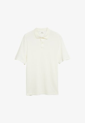 Biała koszulka polo z krótkim rękawem, kołnierzykiem i dwoma guzikami, prezentowana na jednolitym białym tle.