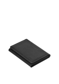 Portafoglio in pelle nera con finitura testurizzata, design slim, angoli arrotondati e nome del marchio in rilievo. Presenta un'unica fessura per carte.