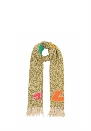 Beige scarf with leopard print, colorful heart patches in pink, orange, green, and yellow, and fringed ends.