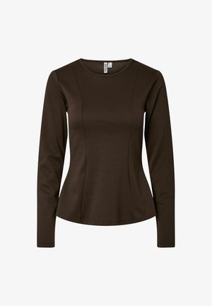 Long-sleeve top in dark brown fabric, featuring a fitted bodice with seam details and a round neckline. Smooth texture throughout.