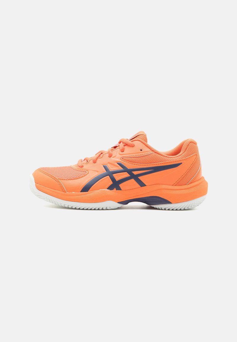 Orange athletic shoes with navy accents, mesh upper for breathability, padded collar, and white rubber outsole with textured grip.