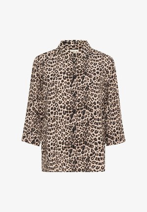 Cămașă cu imprimeu leopard, în nuanțe de bej și negru, cu guler, mâneci trei sferturi și o croiala lejeră.