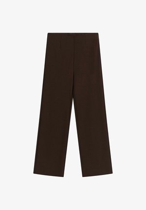 Donkerbruine hoge taille, wijde pijpen broek met een vlakke voorkant en zonder zichtbare zakken of versieringen.