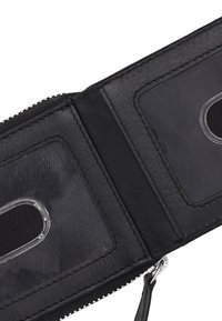 Black leather wallet interior with two clear ID windows and a zippered compartment. Textured fabric lining complements the design.